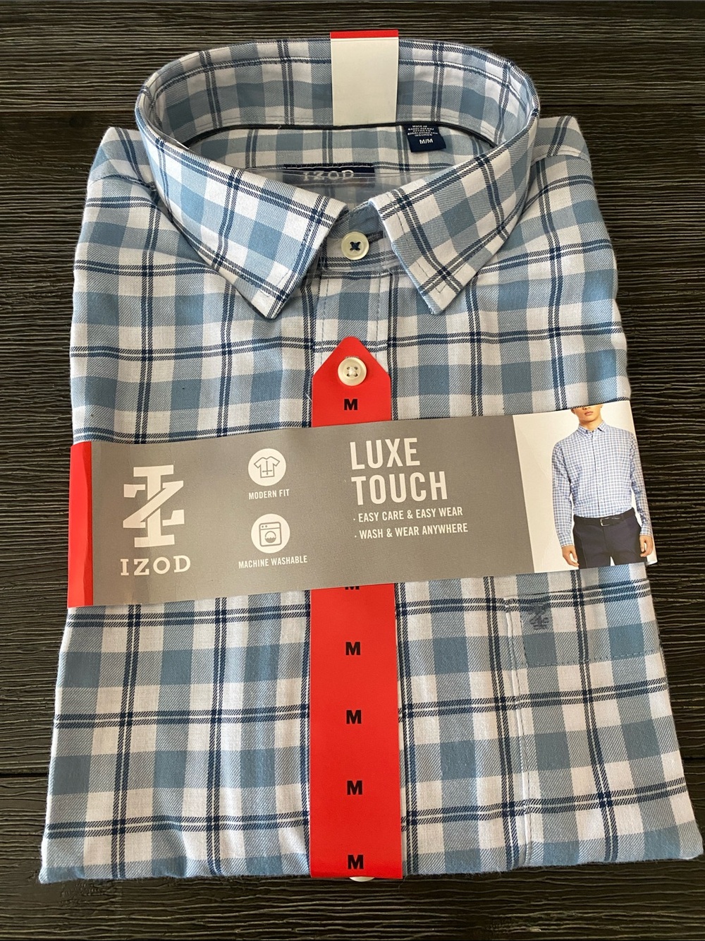 IZOD Luxe Touch Mens  Modern Fit Plaid Button Down Shirt Blue/Gray
